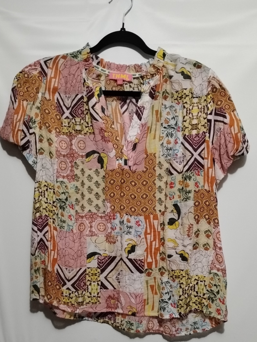 THML Short Sleeve Patchwork Electric Resort Peasant Blouse